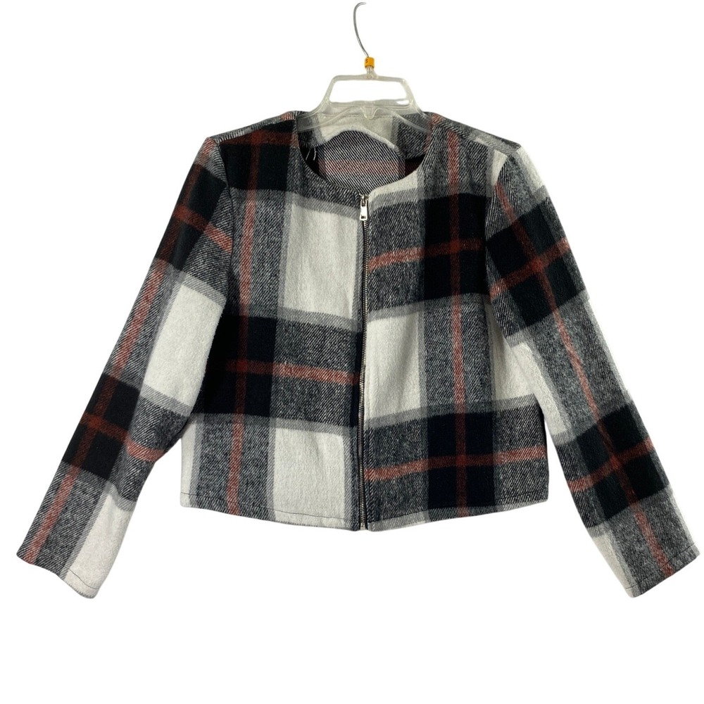 Womens Plaid Cropped Jacket Size Small Academia Preppy Long Sleeve Zip Up Soft